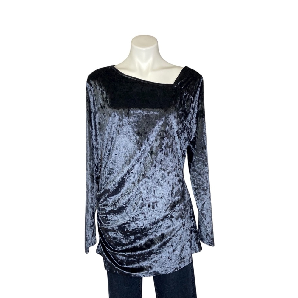 BETABRAND Velvet Tunic Top Asymmetrical Neck Ruched Side Long Sleeve Blue XXL